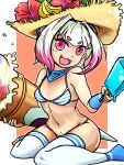  1girl :d angolmois_(lord_of_vermilion) bikini breasts clouds eyebrows_visible_through_hair food gradient_hair hair_intakes hat highres ice_cream kyuu_(ost) long_hair looking_at_viewer lord_of_vermilion multicolored_hair navel open_mouth oversized_food smile solo striped striped_bikini swimsuit thigh-highs 