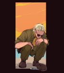  1boy blonde_hair boots cat eating english_text hands_on_own_knees kazuhira_miller looking_at_animal looking_down male_focus metal_gear_(series) metal_gear_solid_peace_walker outdoors plate res_(spkofthdvl) smile solo squatting sunrise watch watch yellow_neckwear 