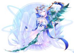  1girl boots breasts bridal_gauntlets detached_sleeves dress granblue_fantasy high_heel_boots high_heels jewelry light_blue_hair lips long_sleeves macula_marius medium_breasts parted_lips short_dress short_hair smile solo staff thigh-highs thigh_boots torachiyo_nagao wide_sleeves 