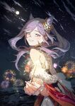  1girl absurdres animal_ears clouds earrings fake_animal_ears fireworks flower genshin_impact hair_flower hair_ornament highres honlo japanese_clothes jewelry keqing_(genshin_impact) long_hair looking_at_viewer moon night night_sky sky smile solo sparkler star_(sky) starry_sky twintails 