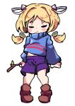  1girl aki_rosenthal arms_at_sides bangs blonde_hair blue_sweater blush_stickers boots brown_footwear closed_eyes closed_mouth cosplay detached_hair eyebrows_visible_through_hair frisk_(undertale) frisk_(undertale)_(cosplay) full_body hair_intakes hair_ornament holding hololive long_hair long_sleeves low_twintails midriff_peek navel puffy_long_sleeves puffy_sleeves purple_shorts short_eyebrows short_hair shorts solo standing sweater thick_eyebrows toon_(toonhoshi) transparent_background turtleneck turtleneck_sweater twintails undertale younger 