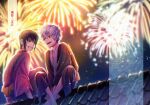  2boys :d aerial_fireworks bangs black_hair black_kimono blurry blurry_background character_name commentary_request copyright_name cover cover_page depth_of_field eyebrows_visible_through_hair fireworks gintama green_eyes grin hair_between_eyes japanese_clothes kimono male_focus multiple_boys night night_sky obi open_mouth outdoors purple_kimono red_eyes rooftop sakata_gintoki sash silver_hair sitting sky smile takasugi_shinsuke translation_request tsurumura_ichiru younger 