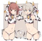  alternate_costume animal_ears animal_print aqua_eyes bangs bell bikini breasts brown_eyes brown_hair closed_mouth cow_ears cow_print cow_tail cowbell elbow_gloves eyebrows_visible_through_hair fake_animal_ears gloves grey_hair heart heart_tail horns kantai_collection odawara_hakone open_mouth short_hair side-tie_bikini sidelocks simple_background small_breasts sweat swimsuit tail thigh-highs two-tone_background z1_leberecht_maass_(kancolle) z3_max_schultz_(kancolle) 