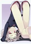  1girl ass barefoot black_panties commentary glasses gradient gradient_background highres looking_at_viewer ogami_kazuki original panties red_eyes short_shorts shorts silver_hair solo top-down_bottom-up underwear upshorts upside-down vampire 