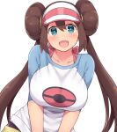  1girl :d amane_hasuhito blue_eyes breasts brown_hair collarbone commentary_request double_bun hair_between_eyes large_breasts long_hair open_mouth pokemon pokemon_(game) pokemon_bw2 raglan_sleeves rosa_(pokemon) shirt simple_background smile solo twintails visor_cap white_background 