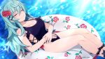  1girl blush breasts flower green_hair hair_flower hair_ornament highres mary_skelter nanameda_kei ocean sleeping_beauty_(mary_skelter) smile solo source_request swimsuit 