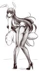  1girl animal_ears ass bare_shoulders boa_(brianoa) breasts bunny_tail detached_collar fake_animal_ears greyscale grisaia_(series) grisaia_no_kajitsu highres leotard long_hair looking_at_viewer monochrome pantyhose playboy_bunny rabbit_ears sakaki_yumiko solo strapless tail 