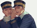  2boys black_eyes black_hair brothers buzz_cut golden_kamuy hand_up hat imperial_japanese_army kepi long_sleeves male_focus military military_hat military_uniform multiple_boys nikaidou_kouhei nikaidou_youhei short_hair siblings simple_background twins uniform very_short_hair white_background zoo_(oukakumaku) 