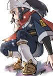  1girl absurdres ayakadegozans black_hair closed_mouth commentary_request eyelashes female_protagonist_(pokemon_legends:_arceus) grey_eyes highres long_hair loose_socks pokemon pokemon_(game) pokemon_legends:_arceus sash scarf shiny shiny_hair sidelocks signature solo squatting undershirt 