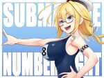  1girl air_bubble arm_strap bare_shoulders blonde_hair blue_eyes book breasts bubble commentary_request glasses hand_on_hip hat i-8_(kancolle) kantai_collection large_breasts low_twintails name_tag one-piece_swimsuit open_mouth peaked_cap red-framed_eyewear sailor_hat school_swimsuit semi-rimless_eyewear solo submerged swimsuit tsusshi twintails under-rim_eyewear underwater 