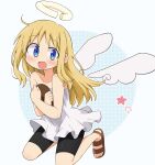  1other :d angel angel_wings bare_arms black_shorts blonde_hair blue_eyes blush broken_halo collarbone crimvael dress halo highres holding ishuzoku_reviewers long_hair off-shoulder_dress off_shoulder open_mouth richard_(richaball) sandals shorts smile solo white_dress wings 
