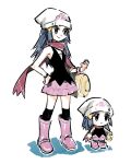  bag beanie black_hair black_legwear boots chibi hikari_(pokemon) hair_ornament hand_on_hip hat over-kneehighs pink_footwear pink_skirt pokemon pokemon_(game) pokemon_dppt red_scarf scarf shadow shirt skirt sleeveless sleeveless_shirt socks thigh-highs tima vest white_background white_headwear white_shirt yellow_bag 