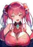  1girl :d bangs breasts eyebrows_visible_through_hair fang hair_ribbon heterochromia hololive houshou_marine large_breasts long_hair looking_at_viewer open_mouth red_eyes red_neckwear red_ribbon redcomet redhead ribbon simple_background skin_fang smile solo twintails upper_body white_background yellow_eyes 