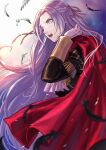 1girl black_feathers black_jacket blurry blurry_foreground cape edelgard_von_hresvelg fire_emblem fire_emblem:_three_houses floating_hair from_side garreg_mach_monastery_uniform gloves grey_eyes hair_ribbon hand_in_hair highres jacket long_hair long_sleeves military military_uniform misica open_mouth purple_ribbon red_cape ribbon silver_hair solo standing uniform very_long_hair white_gloves white_neckwear 