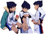  1boy adjusting_sleeves bangs black_hair bright_pupils closed_mouth collared_shirt dark_skin dark_skinned_male gym_challenge_uniform highres holding holding_poke_ball hop_(pokemon) invisible_chair male_focus multiple_views na1_pkmn poke_ball poke_ball_(basic) pokemon pokemon_(game) pokemon_swsh shirt short_hair shorts simple_background sitting sleeves_rolled_up socks white_background yellow_eyes 
