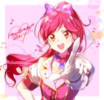  1girl :d aikatsu! aikatsu!_(series) bangs blush bow collared_shirt eyebrows_visible_through_hair gloves hair_bow happy_birthday highres long_hair looking_at_viewer open_mouth orange_eyes otoshiro_seira pink_shirt pointing pointing_at_viewer ponytail purple_bow redhead shirt short_sleeves smile solo upper_body wattaro white_gloves 