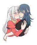  2girls bangs black_shirt blue_eyes blue_hair blush byleth_(fire_emblem) byleth_eisner_(female) closed_mouth collar commentary_request couple dress edelgard_von_hresvelg embarrassed eye_contact eyebrows_visible_through_hair face-to-face fire_emblem fire_emblem:_three_houses from_side hair_between_eyes hug long_hair long_sleeves looking_at_another looking_at_viewer multiple_girls puffy_long_sleeves puffy_sleeves red_dress riromomo shirt side_ponytail sidelocks simple_background smile upper_body violet_eyes white_background yuri 