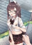  1girl absurdres bangs black_bra blush bra breasts brown_hair brown_skirt collared_shirt dress_shirt earrings fate/grand_order fate_(series) fou_(ssqseeker) glasses grey_eyes highres jewelry long_hair looking_at_viewer medium_breasts multiple_earrings navel open_mouth rain see-through shirt skirt sleeves_rolled_up solo_focus umbrella underwear very_long_hair wet white_shirt yu_mei-ren_(fate) 