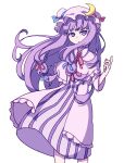  1girl absurdres bangs blue_ribbon cowboy_shot crescent crescent_pin dress eyebrows_behind_hair hair_ribbon hat hat_ribbon highres index_finger_raised kame_(kamepan44231) long_hair looking_at_viewer mob_cap neck_ribbon patchouli_knowledge pink_headwear purple_dress purple_hair red_neckwear red_ribbon ribbon sidelocks simple_background solo standing striped striped_dress touhou violet_eyes white_background 