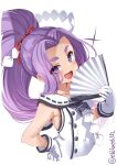  1girl :d blush commentary_request covered_navel ebifurya eyes_visible_through_hair fan gloves hair_ribbon hand_on_hip hatsuharu_(kancolle) highres holding holding_fan kantai_collection long_hair looking_at_viewer open_mouth purple_hair red_ribbon ribbon simple_background smile solo thick_eyebrows twitter_username violet_eyes white_background white_gloves 