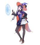  1girl alternate_costume black_hair breasts cornqy full_body genshin_impact gloves hat high_heels highres long_hair mona_(genshin_impact) pantyhose pleated_skirt skirt solo witch_hat 