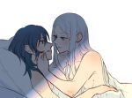  2girls bangs bare_shoulders blanket blue_eyes blue_hair blush breasts byleth_(fire_emblem) byleth_eisner_(female) collarbone commentary_request couple edelgard_von_hresvelg eye_contact eyebrows_visible_through_hair face-to-face fire_emblem fire_emblem:_three_houses from_side hair_between_eyes light long_hair looking_at_another lying multiple_girls on_back on_stomach parted_bangs parted_lips pillow riromomo shadow sidelocks simple_background smile upper_body violet_eyes white_background white_hair yuri 