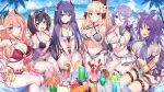  6+girls akusema animal_ear_fluff animal_ears arm_up bangs bare_shoulders beach belt between_legs bikini bikini_under_clothes black_bikini black_ribbon blonde_hair blush breasts brown_belt brown_eyes brown_legwear cat_ears chain cherry choker closed_mouth collarbone crossed_arms cup day deep_skin drinking_straw eyebrows_visible_through_hair eyewear_on_head fang flower food foreshortening fruit glint grapes green_eyes hair_between_eyes hair_flower hair_ornament hair_ribbon hand_between_legs hand_up heart highres horizon horns ice_cream index_finger_raised jewelry karyl_(princess_connect!) large_breasts long_hair looking_at_viewer low_twintails makoto_(princess_connect!) melting multicolored_hair multiple_girls navel o-ring o-ring_bikini ocean official_alternate_costume one_eye_closed open_mouth outdoors palm_tree pink_hair pink_ribbon princess_connect! princess_connect!_re:dive purple_bikini purple_hair raised_eyebrows red_bikini rei_(princess_connect!) ribbon saren_(princess_connect!) see-through shiny shiny_hair shizuru_(princess_connect!) short_shorts shorts sitting skin_fang skindentation sparkle star_(symbol) streaked_hair sunglasses suzuna_(princess_connect!) swimsuit tail_raised thigh_gap thigh_strap thighs tree twintails v_arms water white_bikini white_flower white_ribbon white_shorts 