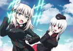  2girls bangs black_gloves black_headwear black_jacket blue_eyes blue_sky clouds cloudy_sky commentary cosplay costume_switch crossover day dress_shirt eyebrows_visible_through_hair garrison_cap girls_und_panzer glasses gloves hair_ornament hand_on_own_head hand_to_own_mouth hat heidimarie_w_schnaufer highres hirschgeweih_antennas insignia itsumi_erika jacket kamishima_kanon kuromorimine_military_uniform long_hair long_sleeves looking_at_another medium_hair military military_hat military_uniform multiple_girls necktie open_mouth outdoors pleated_skirt red_eyes red_neckwear red_shirt red_skirt rimless_eyewear shirt silver_hair skirt sky smile strike_witches uniform white_shirt wing_collar world_witches_series 