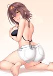  1girl ass barefoot bikini bikini_top breast_press breasts brown_eyes brown_hair from_behind highres kantai_collection kuromayu large_breasts looking_back medium_hair shiratsuyu_(kancolle) shorts simple_background soles swimsuit white_background white_shorts 