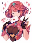  1girl bangs black_gloves blinking breasts chest_jewel earrings fingerless_gloves gloves haruto_yuki jewelry large_breasts letter pyra_(xenoblade) red_eyes redhead short_hair solo super_smash_bros. swept_bangs tiara xenoblade_chronicles_(series) xenoblade_chronicles_2 
