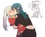  2girls ? arrow_(symbol) back bangs black_clothes black_legwear black_shorts blue_hair blush breasts byleth_(fire_emblem) byleth_eisner_(female) closed_eyes closed_mouth collar commentary_request couple dress edelgard_von_hresvelg embarrassed english_text eyebrows_visible_through_hair fire_emblem fire_emblem:_three_houses from_side full_body hair_between_eyes hug kiss long_hair long_sleeves multiple_girls parted_lips puffy_long_sleeves puffy_sleeves red_dress riromomo shorts side_ponytail sidelocks simple_background smile standing sweatdrop white_background white_hair yuri 