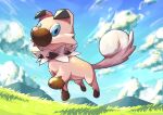  absurdres blue_eyes closed_mouth clouds commentary_request day from_below gen_7_pokemon grass highres kareha_p looking_at_viewer mountainous_horizon no_humans outdoors paws pokemon pokemon_(creature) rockruff sky smile solo toes 
