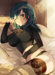  1girl bangs bed_sheet black_panties black_shirt blue_eyes blue_hair breasts byleth_(fire_emblem) byleth_eisner_(female) covered_nipples crop_top fire_emblem fire_emblem:_three_houses fm_r3dslov3 hair_between_eyes highres long_hair long_sleeves lying medium_breasts midriff navel on_side one_eye_closed panties parted_lips print_legwear shiny shiny_hair shirt sleeves_past_wrists solo stomach sunlight thigh-highs underwear 