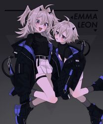  1boy 1girl ahoge ama73 bangs belt black_belt black_footwear black_jacket black_legwear brother_and_sister character_name grey_background grey_hair hair_between_eyes highres horns jacket long_hair long_sleeves off_shoulder open_mouth original pink_eyes ribbed_shirt ribbed_sweater shirt shoes short_sleeves siblings simple_background skirt sneakers socks sweater tail thigh_strap two_side_up white_skirt 