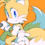  1boy animal_ears blue_eyes blush closed_mouth fox_boy fox_ears fur furry gloves looking_at_viewer male_focus misuta710 multiple_tails orange_background outstretched_hand simple_background smile solo sonic_the_hedgehog tail tails_(sonic) two_tails white_gloves 