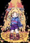  1girl absurdres aki_rosenthal arms_at_sides bangs black_background blonde_hair blue_sweater blush_stickers boots brown_footwear closed_eyes closed_mouth commentary_request cosplay detached_hair english_commentary eyebrows_visible_through_hair frisk_(undertale) frisk_(undertale)_(cosplay) full_body golden_flower_(undertale) hair_intakes hair_ornament highres holding holding_stick hololive long_hair long_sleeves low_twintails midriff_peek mixed-language_commentary navel outline puffy_long_sleeves puffy_sleeves purple_shorts short_eyebrows short_hair shorts solo sparkle standing stick sweater thick_eyebrows toon_(toonhoshi) turtleneck turtleneck_sweater twintails undertale white_outline younger 