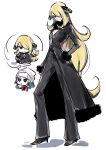  black_coat black_footwear black_legwear black_scarf black_shirt blonde_hair coat cynthia_(pokemon) hair_ornament hand_on_hip head_tilt high_heels highres looking_at_viewer pants scarf shirt tima v-neck wavy_hair 