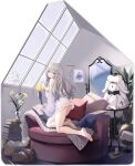  1girl ass azur_lane bare_legs barefoot blue_eyes blush book book_stack byulzzi closed_mouth commentary_request couch eyebrows_visible_through_hair feet flower full_body hair_brush heterochromia highres long_hair looking_at_viewer looking_back manjuu_(azur_lane) mirror murmansk_(azur_lane) murmansk_(sceneries_of_pure_snow)_(azur_lane) nightgown no_panties northern_parliament_(emblem) official_alternate_costume official_art pillow platinum_blonde_hair see-through seiza sitting smile soles solo stack uniform violet_eyes white_nightgown window 