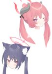  2girls absurdres animal_ear_fluff animal_ears bangs black_hair blue_archive blush cat_ears curled_horns eyebrows_visible_through_hair grin hair_between_eyes halo highres horns junko_(blue_archive) long_hair multiple_girls one_eye_closed portrait redhead roido_(taniko-t-1218) serika_(blue_archive) simple_background smile twintails violet_eyes white_background 