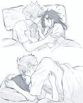  1boy 1girl bangs bed_sheet blush closed_eyes cloud_strife final_fantasy final_fantasy_vii from_above khaw_(cloudstdontcare) kiss long_hair looking_at_another lying monochrome pillow profile red_eyes shirt short_hair short_sleeves symbol_commentary tifa_lockhart 