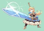  absurdres armor armored_dress blonde_hair blue_eyes boots charlotta_fenia cirenk dwarf foreshortening glint granblue_fantasy highres looking_afar perspective pointing_sword pointy_ears shield sunrise_stance tall_crown 