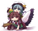 2girls :3 arm_cannon arm_support bangs black_feathers black_headwear black_wings blouse bow brown_eyes brown_hair cape chibi collared_blouse eyebrows_visible_through_hair full_body green_bow green_eyes green_skirt grey_hair hair_bow hat hat_ribbon komeiji_koishi long_hair long_sleeves looking_up mismatched_footwear multiple_girls on_person open_mouth pointing pointing_up reiuji_utsuho ribbon shirt short_hair short_sleeves simple_background sitting skirt smile third_eye touhou unime_seaflower weapon white_background white_blouse white_cape wide_sleeves wings yellow_ribbon yellow_shirt
