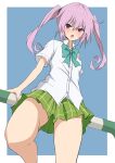  1girl blue_background blush from_below green_skirt highres legs long_hair looking_down mosu_(korikan) nana_asta_deviluke open_mouth pink_eyes pink_hair plaid plaid_skirt school_uniform shirt short_sleeves simple_background skirt solo thighs to_love-ru to_love-ru_darkness twintails white_shirt 