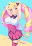  1girl animal_ear_fluff animal_ears armpits arms_behind_head arms_up bangs bare_shoulders black_bow blonde_hair blue_background blush bow breasts brown_background cat_ears cat_girl cat_tail center_frills collared_shirt frills hair_bow highres ichi_makoto large_breasts long_hair long_sleeves looking_at_viewer mashima_himeko_(show_by_rock!!) multicolored_hair parted_lips pink_hair pink_lips pink_skirt pleated_skirt red_eyes shirt show_by_rock!! skirt sleeveless sleeveless_shirt solo sweat tail thigh-highs twintails two-tone_background two-tone_hair very_long_hair white_shirt 
