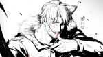  1boy animal_ear_fluff animal_ears bangs belmond_banderas blood blood_on_face commentary_request fangs fur-trimmed_jacket fur_trim gradient gradient_background grey_background hand_up henrryxv highres jacket kemonomimi_mode long_sleeves looking_at_viewer male_focus monochrome nijisanji parted_lips red_eyes smile solo spot_color translation_request upper_body virtual_youtuber white_background 