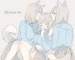  animal_ears blue_eyes blue_shirt blush cat_ears cat_girl cat_tail collared_shirt commentary_request dog_girl dog_tail eyebrows_visible_through_hair grey_hair knees_together_feet_apart long_hair long_sleeves medium_hair neckwear_grab nekoya_saki original school_uniform shirt simple_background sitting striped striped_neckwear tail tail_slit_clothes tail_wrap yuri 