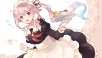  1girl adapted_costume alternate_costume apron black_dress black_ribbon blue_hair commentary_request cowboy_shot cup dress enmaided flying_sweatdrops frilled_apron frills gradient_hair hair_ribbon harusame_(kancolle) kantai_collection maid multicolored multicolored_hair neckerchief pink_hair red_eyes red_neckwear ribbon shakemi_(sake_mgmgmg) side_ponytail solo spill sweatdrop teacup tray white_apron 