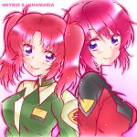  2girls aya@tsuyuri back-to-back bangs blush breasts character_name eyebrows_visible_through_hair gundam gundam_seed gundam_seed_destiny looking_to_the_side lunamaria_hawke medium_breasts meyrin_hawke military military_uniform multiple_girls parted_bangs redhead short_hair siblings sisters smile twintails uniform upper_body violet_eyes 