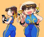  absurdres ass blush_stickers brown_hair cellphone chun-li covered_navel crop_top double_bun hair_bun hair_ribbon hand_on_hip highres official_alternate_costume phone rariatto_(ganguri) ribbon simple_background sleeveless smartphone smile street_fighter street_fighter_zero_(series) studded_bracelet sweatdrop translation_request yellow_ribbon 