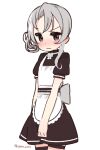  1girl alternate_costume apron asymmetrical_hair bangs black_dress blush cowboy_shot dress flipped_hair grey_eyes kantai_collection long_hair nose_blush nowaki_(kancolle) silver_hair simple_background solo swept_bangs waitress white_apron white_background yoru_nai 